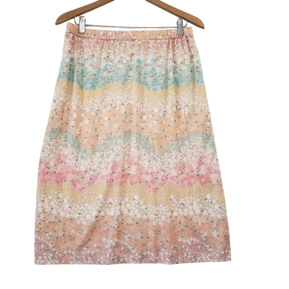 Vintage 70s Floral Midi Skirt Elastic Waist Lightweight Pastel Ombre Floral Boho - Picture 2 of 5